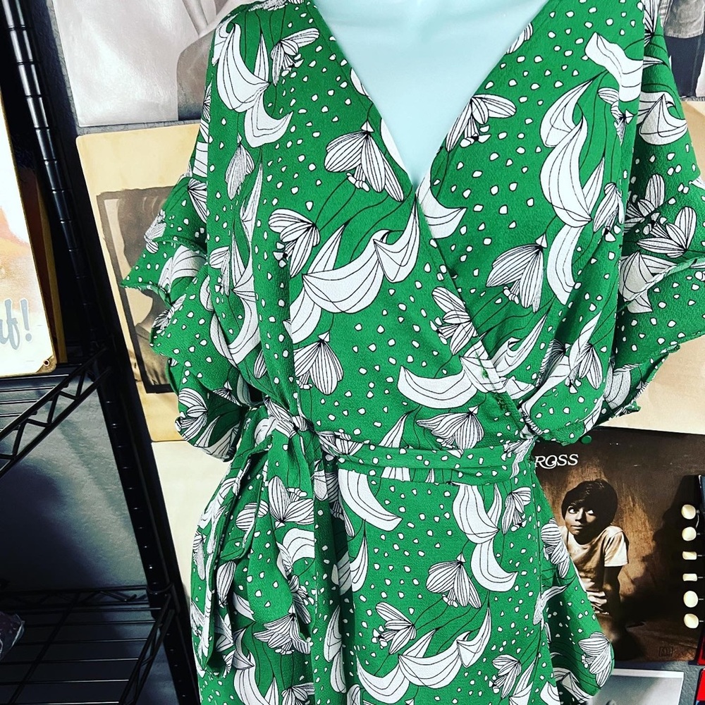 💚 MAX STUDIO KELLY GREEN FLORAL RUFFLE TRUE WRAP RUFFLE DRESS XL Dress - Picture 6 of 10